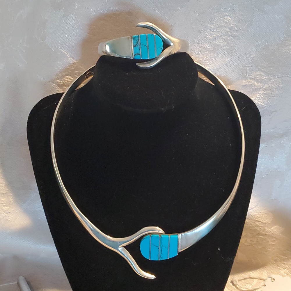 Sterling Silver & Inlaid Turquoise Clamper Set Necklace And Bracelet